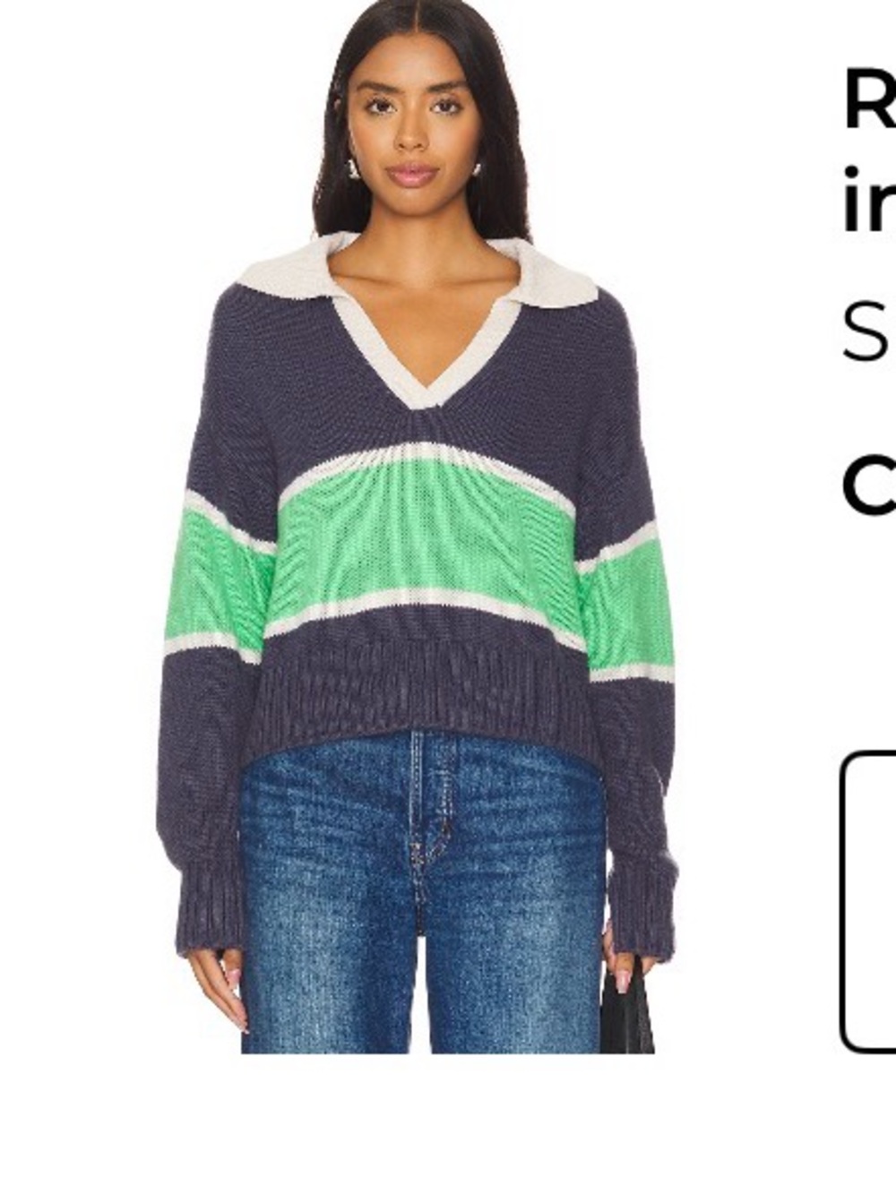 Spiritual Gangster “Robyn” Henley  V-Neck Sweater Navy w Green & Cream Stripes